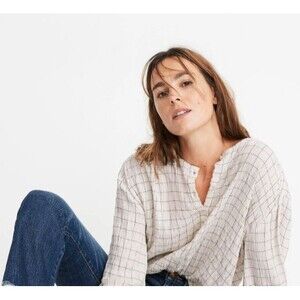 Madewell Meadow Shirt in Windowpane Plaid Womens Small Poet Sleeve Textured